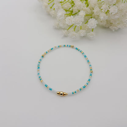 Teal Mix Seed Bead Bracelet Stack | 18k Gold Filled Stretch Bracelets | Tiny Bead Bracelets