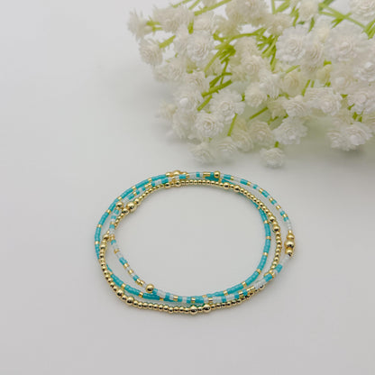 Teal Mix Seed Bead Bracelet Stack | 18k Gold Filled Stretch Bracelets | Tiny Bead Bracelets
