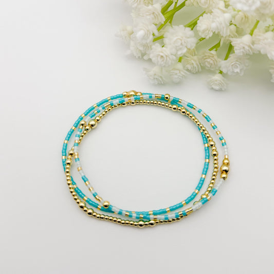 Teal Mix Seed Bead Bracelet Stack | 18k Gold Filled Stretch Bracelets | Tiny Bead Bracelets