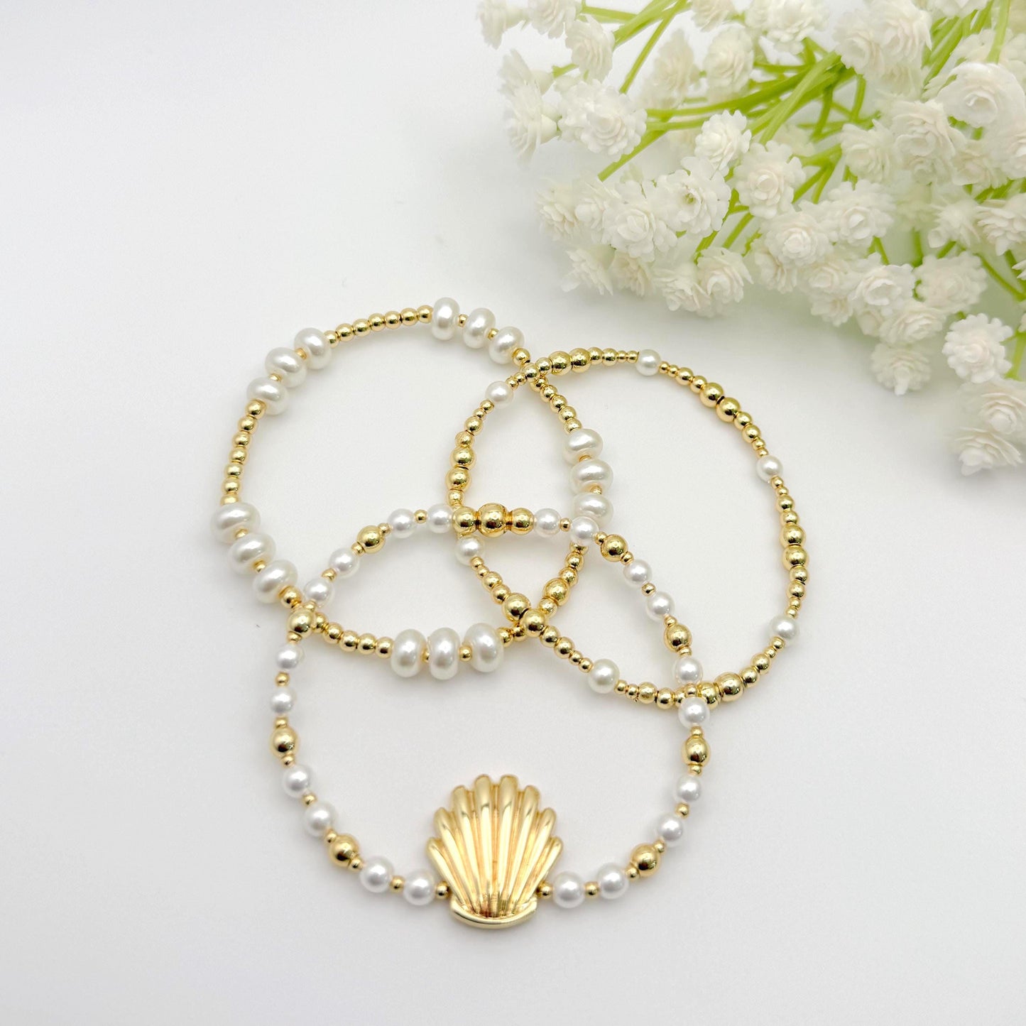 Shells & Pearls | 18k gold filled Seashell Pearl Bracelet stack | Seashell bracelet | Pearl bracelet | beachy bracelet stack | Summer