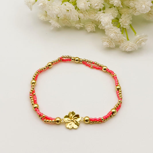 18k Gold Filled Flower Bracelet | Double Strand Seed Bead