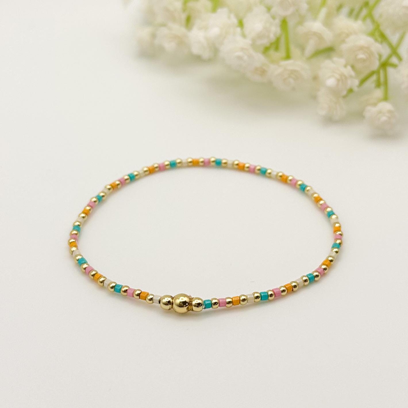 Summer Day | 18k gold filled with teal, pink & cream bracelet stack | beaded stretch bracelet | tiny bead bracelet | seed bead |bracelet set