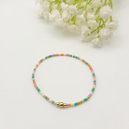 Summer Day | 18k gold filled with teal, pink & cream bracelet stack | beaded stretch bracelet | tiny bead bracelet | seed bead |bracelet set