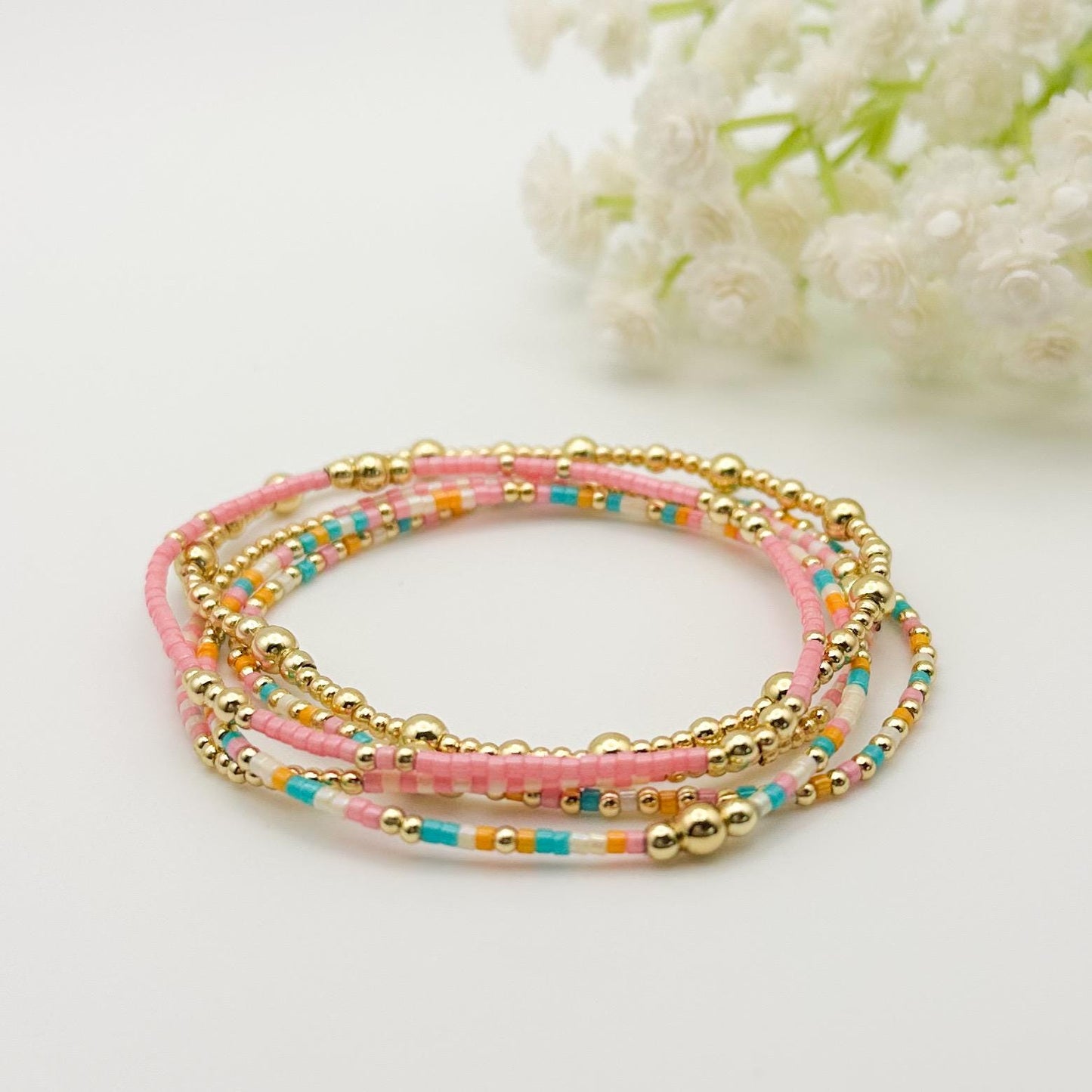 Summer Day | 18k gold filled with teal, pink & cream bracelet stack | beaded stretch bracelet | tiny bead bracelet | seed bead |bracelet set