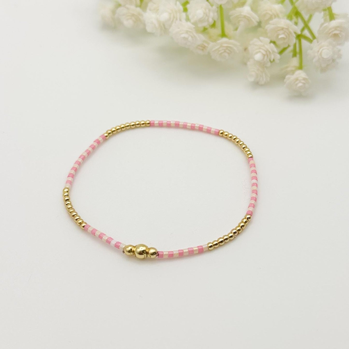 Summer Day | 18k gold filled with teal, pink & cream bracelet stack | beaded stretch bracelet | tiny bead bracelet | seed bead |bracelet set