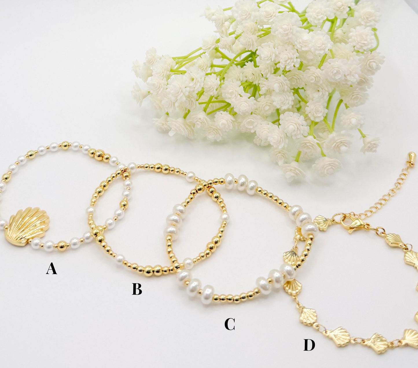 Shells & Pearls | 18k gold filled Seashell Pearl Bracelet stack | Seashell bracelet | Pearl bracelet | beachy bracelet stack | Summer