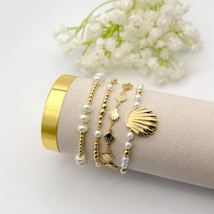 Shells & Pearls | 18k gold filled Seashell Pearl Bracelet stack | Seashell bracelet | Pearl bracelet | beachy bracelet stack | Summer