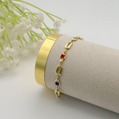 18k Gold Filled Chain Bracelet | Colored Block Square Link