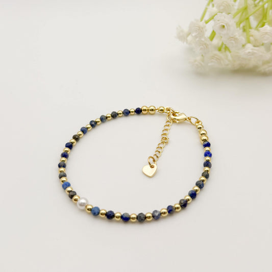 Dainty Gemstone Bracelet | 18k gold filled Bracelet |  gemstone with pearl  | Pearl Bracelet | Summer jewelry | gifts | stone bracelet| blue