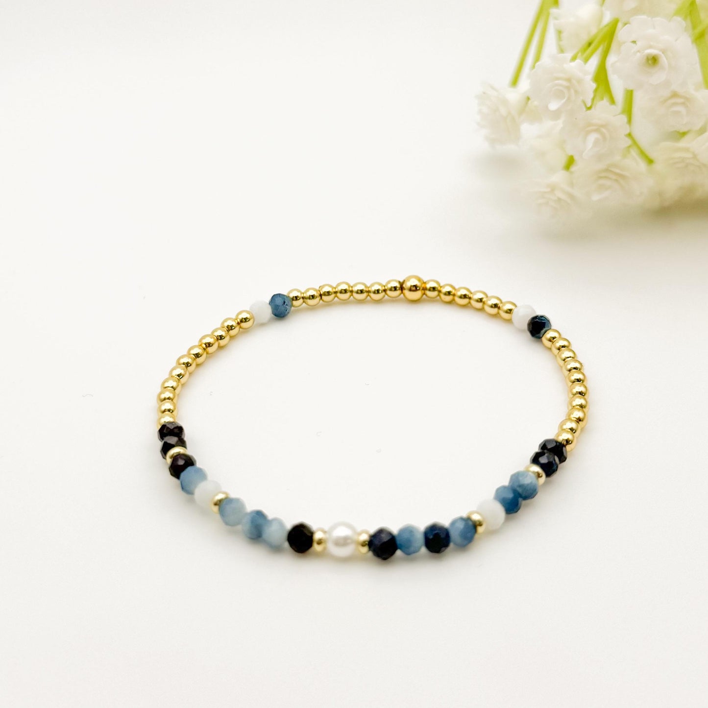 Gemstone Stretch Bracelet | 18k gold filled Bracelet | Navy and blue gemstone | Beaded Bracelet | jewelry | stones| gold beaded stretch