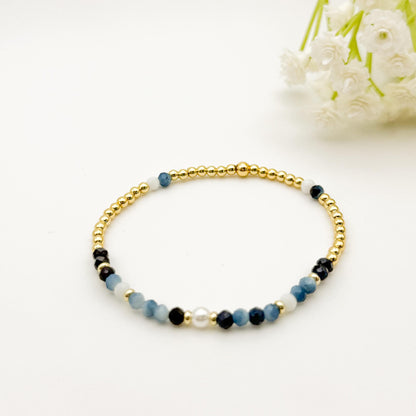Gemstone Stretch Bracelet | 18k gold filled Bracelet | Navy and blue gemstone | Beaded Bracelet | jewelry | stones| gold beaded stretch