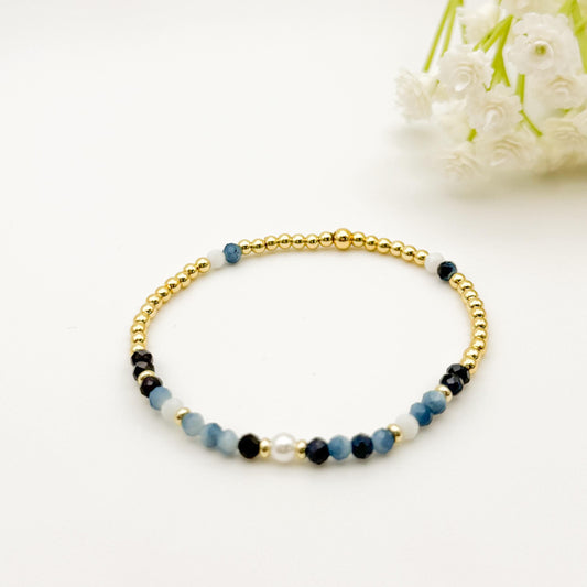 Gemstone Stretch Bracelet | 18k gold filled Bracelet | Navy and blue gemstone | Beaded Bracelet | jewelry | stones| gold beaded stretch