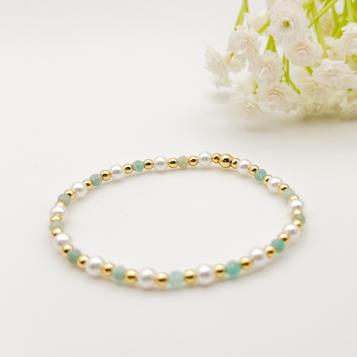 Gemstone Stretch Bracelet | 18k gold filled beaded bracelet with turquoise gemstones | Beaded pearl Bracelet | Summer | stone with pearls