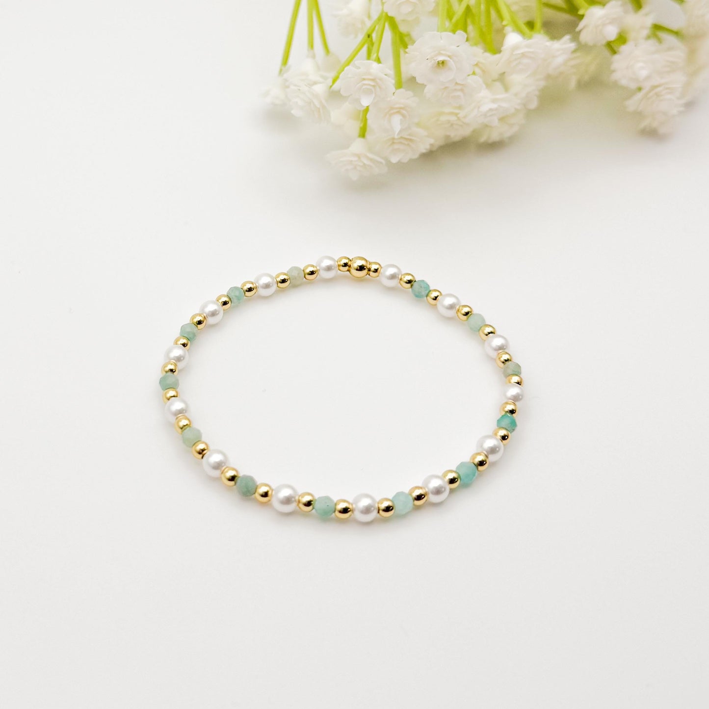 Gemstone Stretch Bracelet | 18k gold filled beaded bracelet with turquoise gemstones | Beaded pearl Bracelet | Summer | stone with pearls