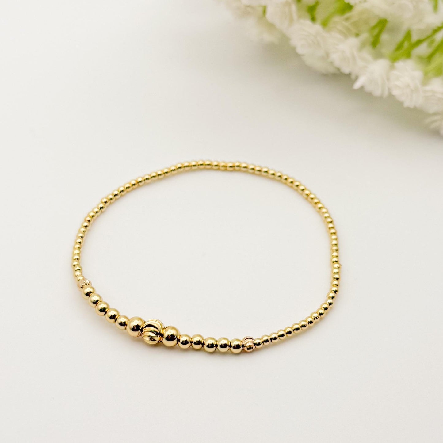 Orange and Cream 3 Piece Stack | 18k Gold Filled Seed Bead Bracelet Stack: Orange, Green, Cream | Tiny Bead Bracelet