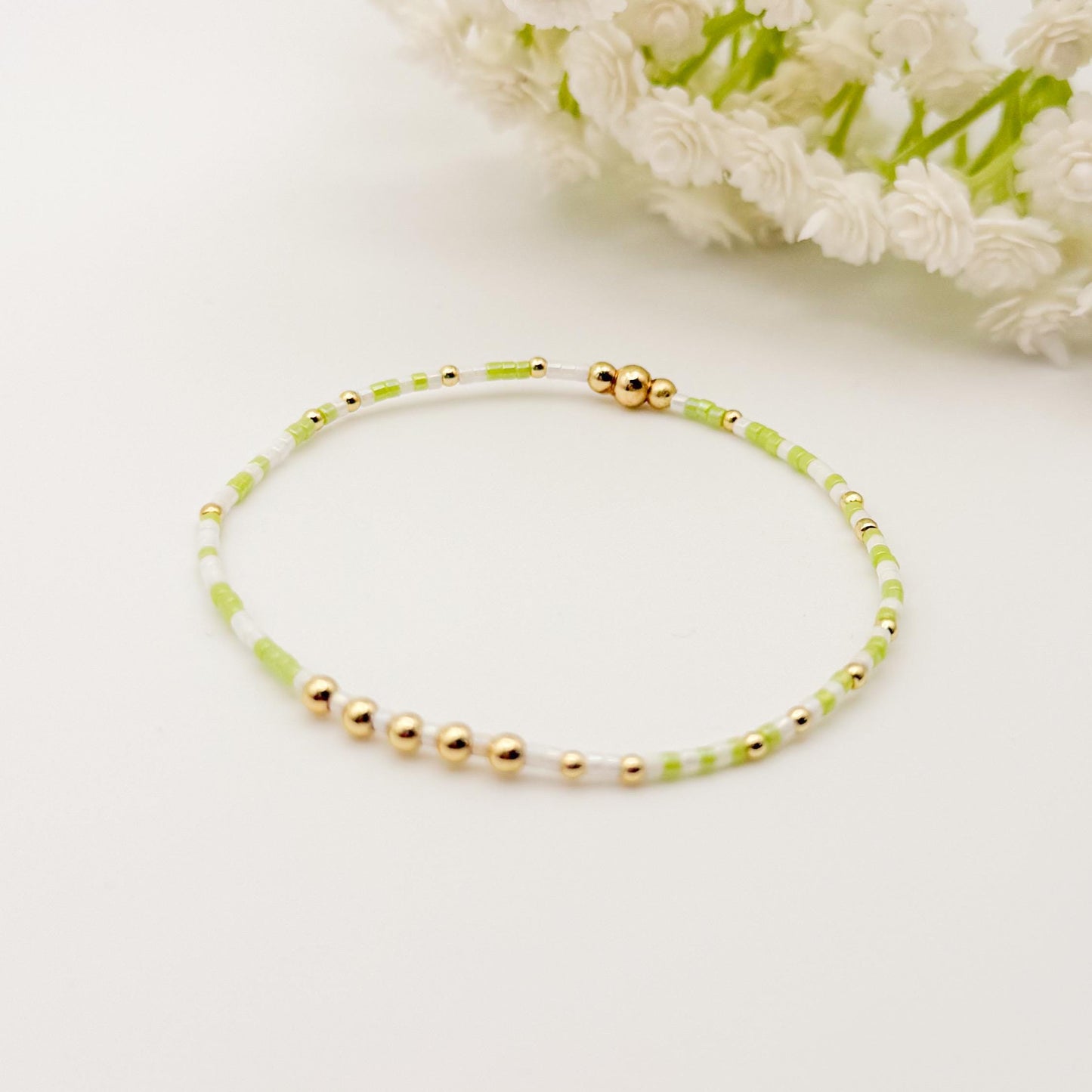 Orange and Cream 3 Piece Stack | 18k Gold Filled Seed Bead Bracelet Stack: Orange, Green, Cream | Tiny Bead Bracelet