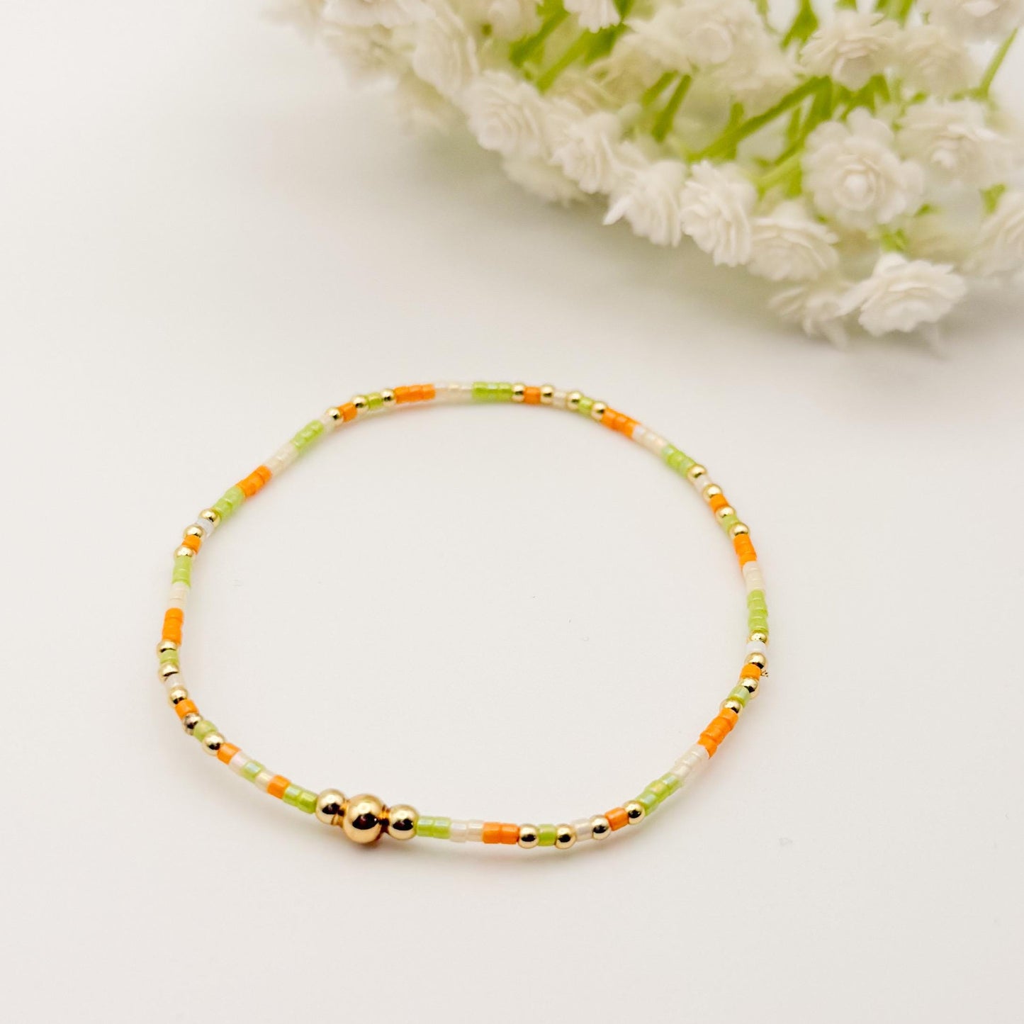 Orange and Cream 3 Piece Stack | 18k Gold Filled Seed Bead Bracelet Stack: Orange, Green, Cream | Tiny Bead Bracelet