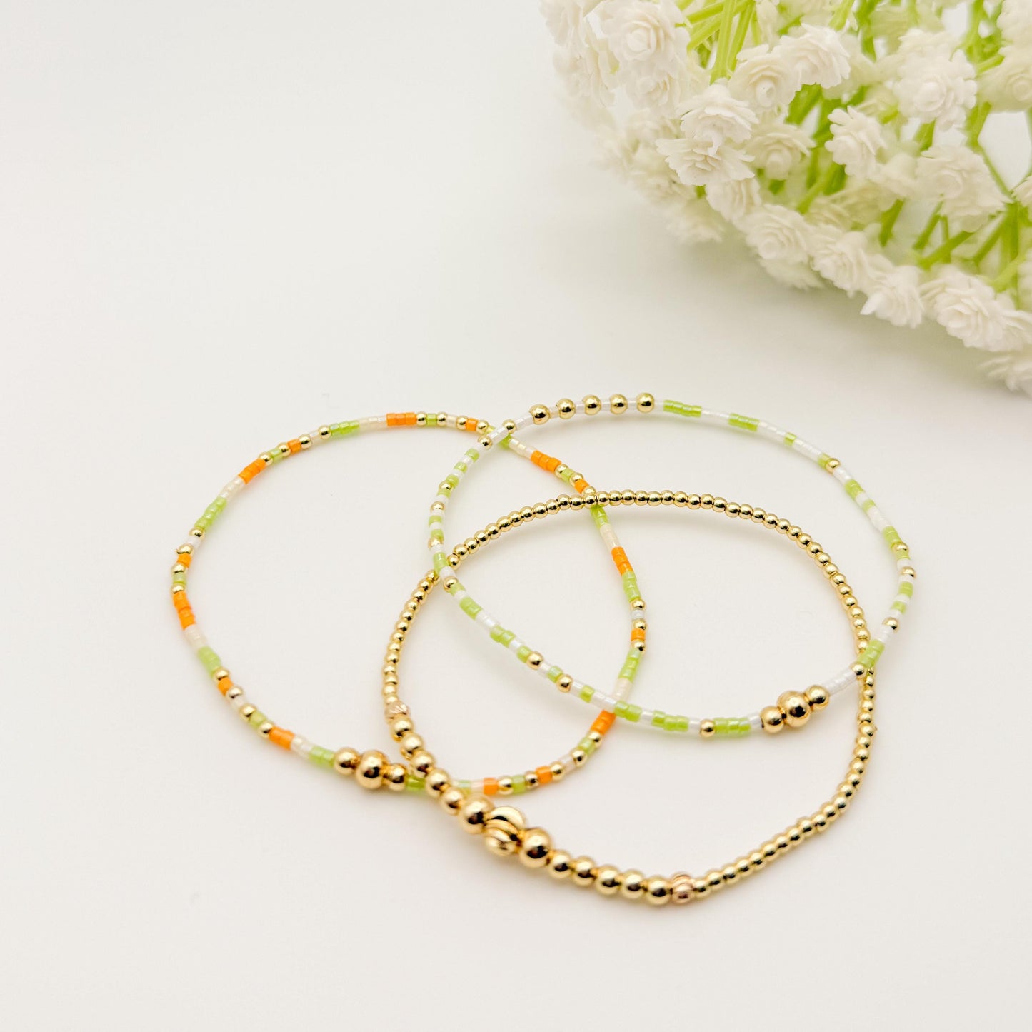 Orange and Cream 3 Piece Stack | 18k Gold Filled Seed Bead Bracelet Stack: Orange, Green, Cream | Tiny Bead Bracelet