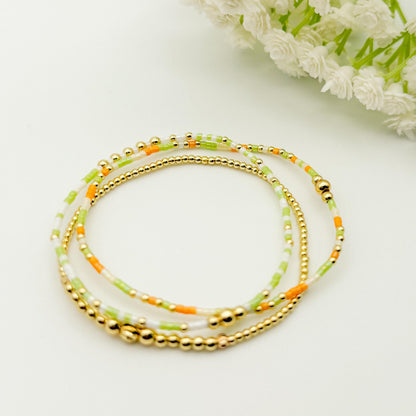 Orange and Cream 3 Piece Stack | 18k Gold Filled Seed Bead Bracelet Stack: Orange, Green, Cream | Tiny Bead Bracelet