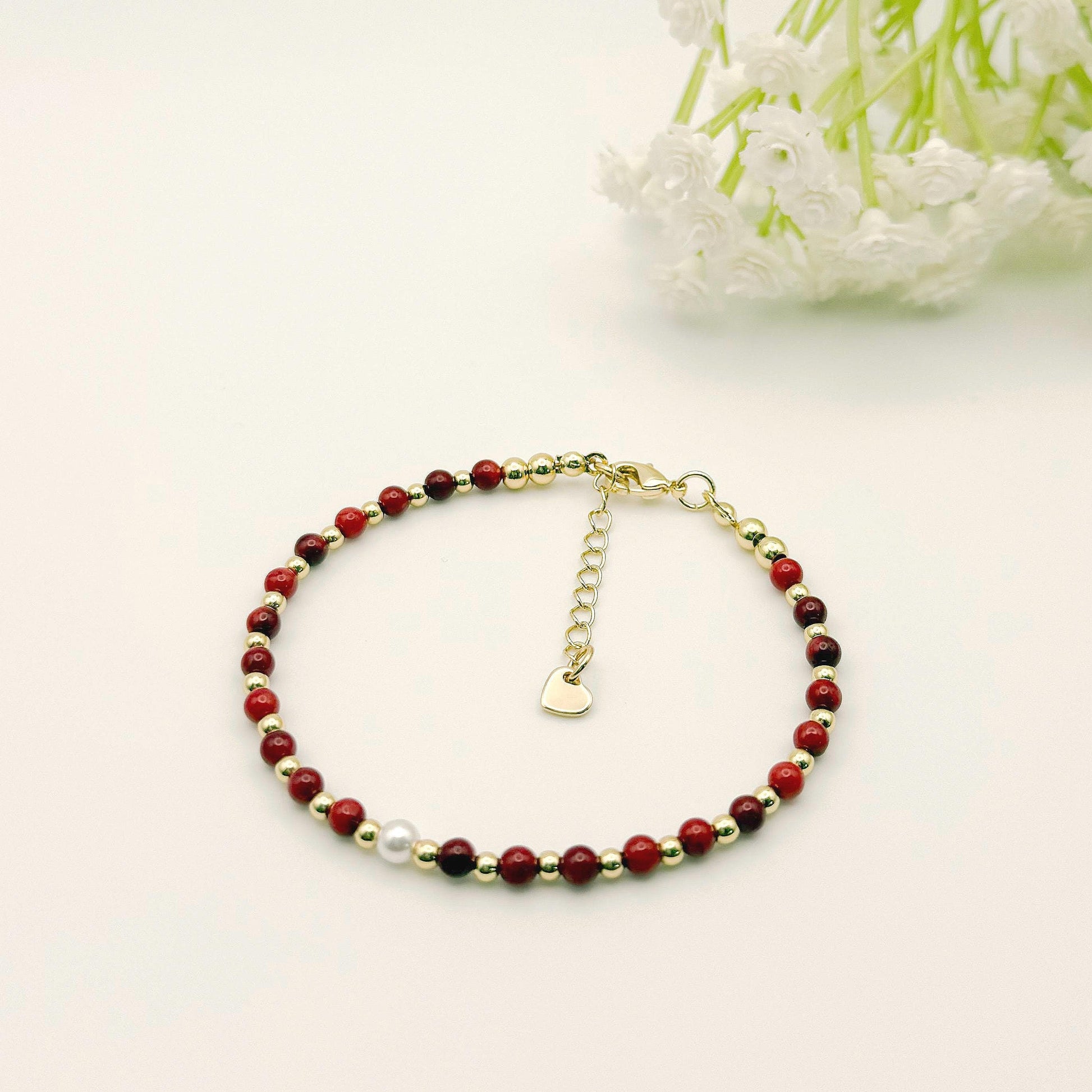 Dainty Gemstone Bracelet | 18k gold filled Bracelet |  gemstone with pearl  | Pearl Bracelet | Summer jewelry | gifts | stone bracelet| red