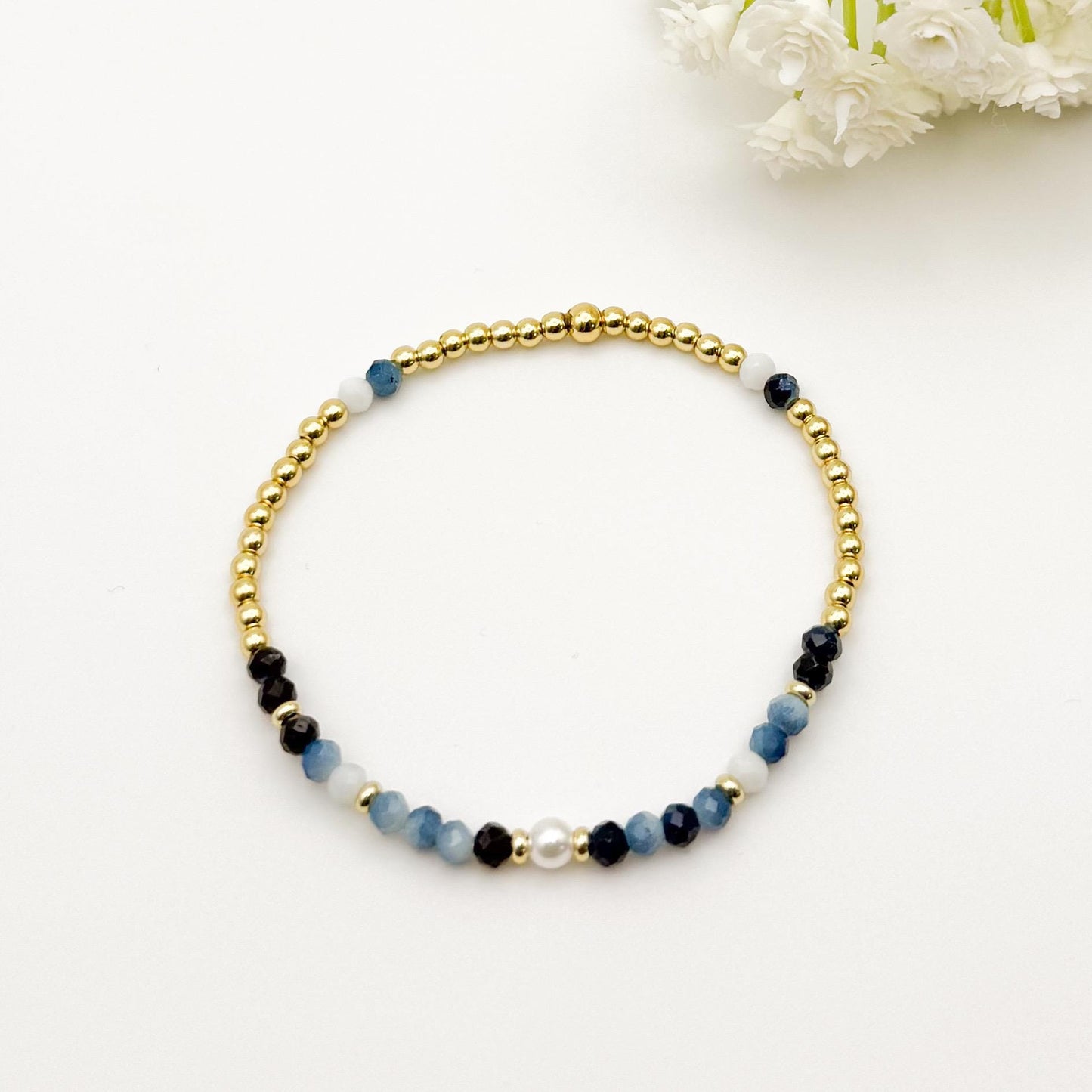 Gemstone Stretch Bracelet | 18k gold filled Bracelet | Navy and blue gemstone | Beaded Bracelet | jewelry | stones| gold beaded stretch