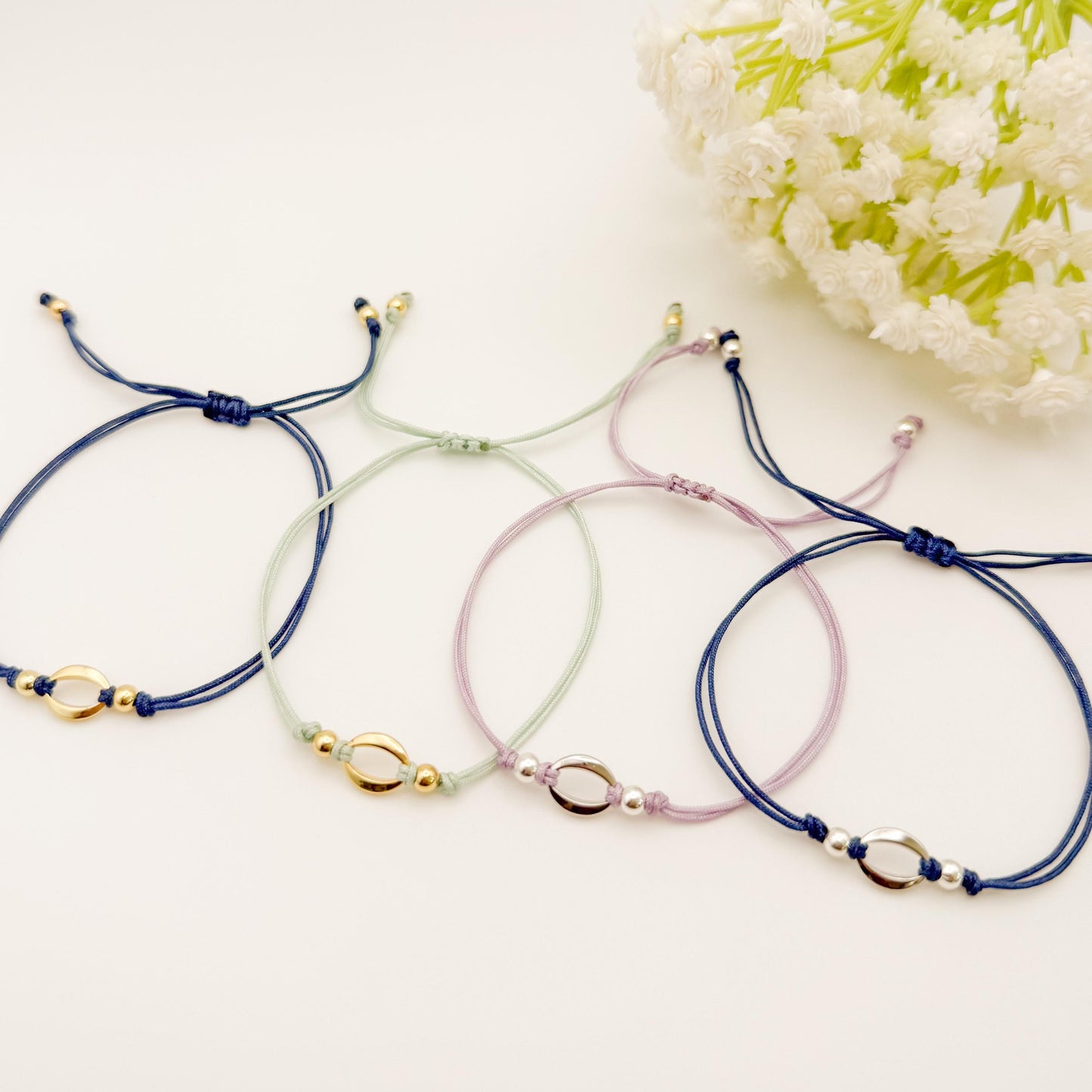 Cord with Oval Connecter Bracelet | 18k gold filled beads | adjustable cord bracelet | silver or gold | navy blue | summer | cord bracelet
