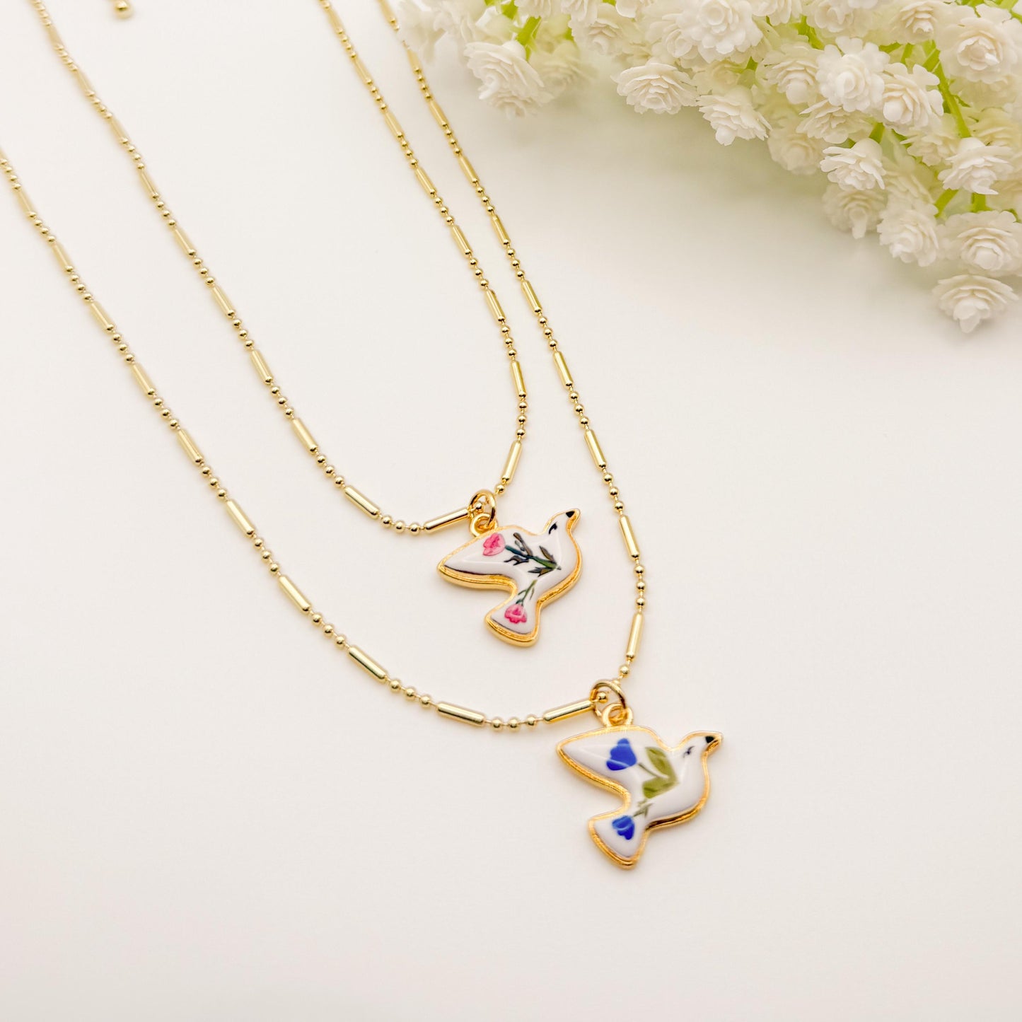 Soar the Skies Necklace | Chain Necklace with Bird Charm | Floral Bird | Porcelain | 18k Gold Filled | Blue | Pink | Cute Pendant Necklace