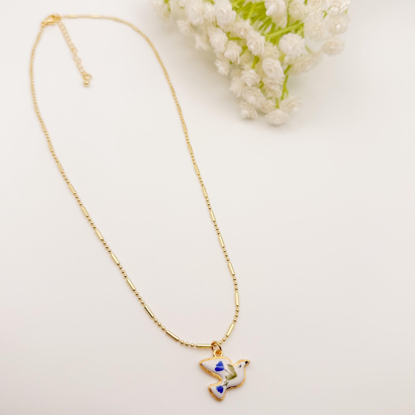 Soar the Skies Necklace | Chain Necklace with Bird Charm | Floral Bird | Porcelain | 18k Gold Filled | Blue | Pink | Cute Pendant Necklace