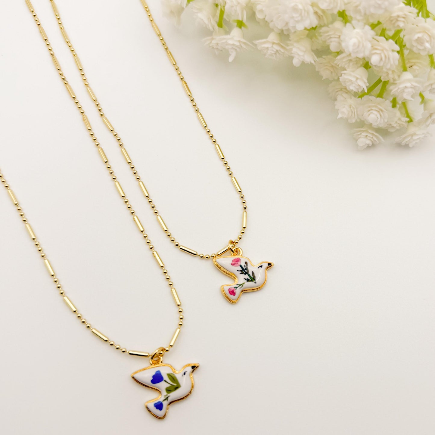 Soar the Skies Necklace | Chain Necklace with Bird Charm | Floral Bird | Porcelain | 18k Gold Filled | Blue | Pink | Cute Pendant Necklace