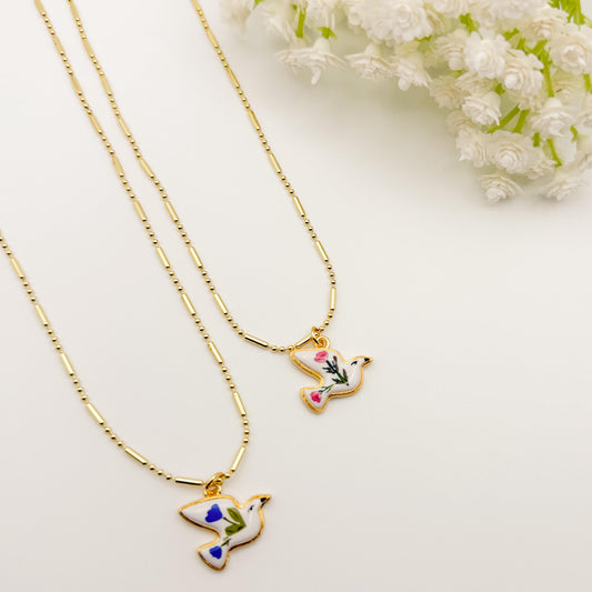 Soar the Skies Necklace | Chain Necklace with Bird Charm | Floral Bird | Porcelain | 18k Gold Filled | Blue | Pink | Cute Pendant Necklace
