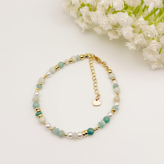 Sage and Rose | Beaded Stone Bracelet | 18k Gold filled Bracelet | Gemstone with pearl | Pearl Bracelet | assorted pattern | clasp bracelet