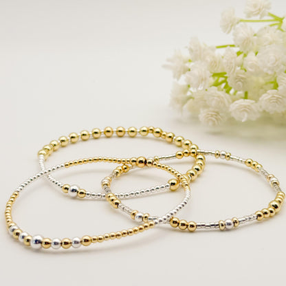 Mixed Metals 2.0 | 18k gold filled with sterling silver and silver seed beads | beaded stretch bracelet | tiny bead bracelet | bracelet set