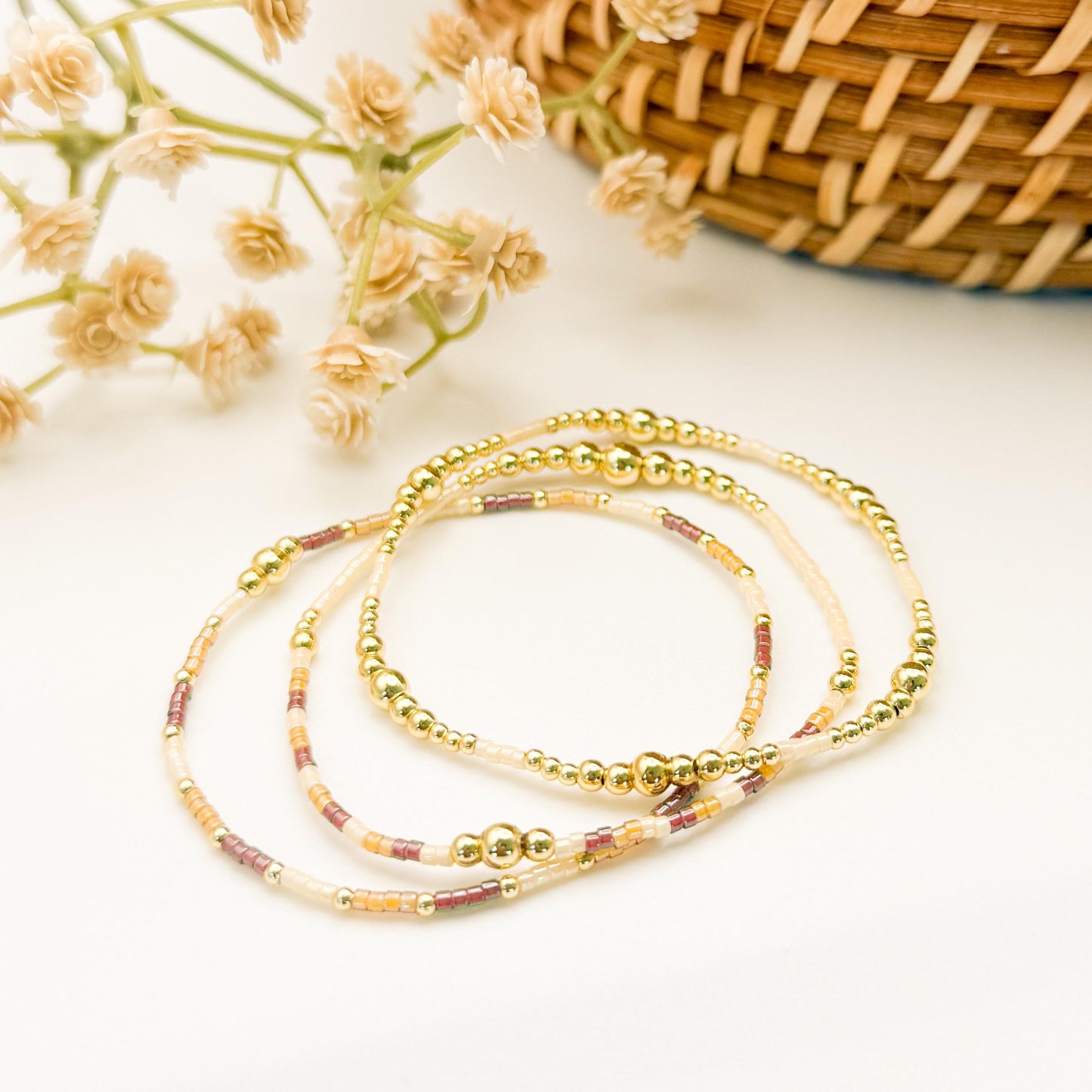 Maple | 18k gold filled with cream and brown bracelet stack | beaded stretch bracelet | tiny bead bracelet | seed bead | fall set