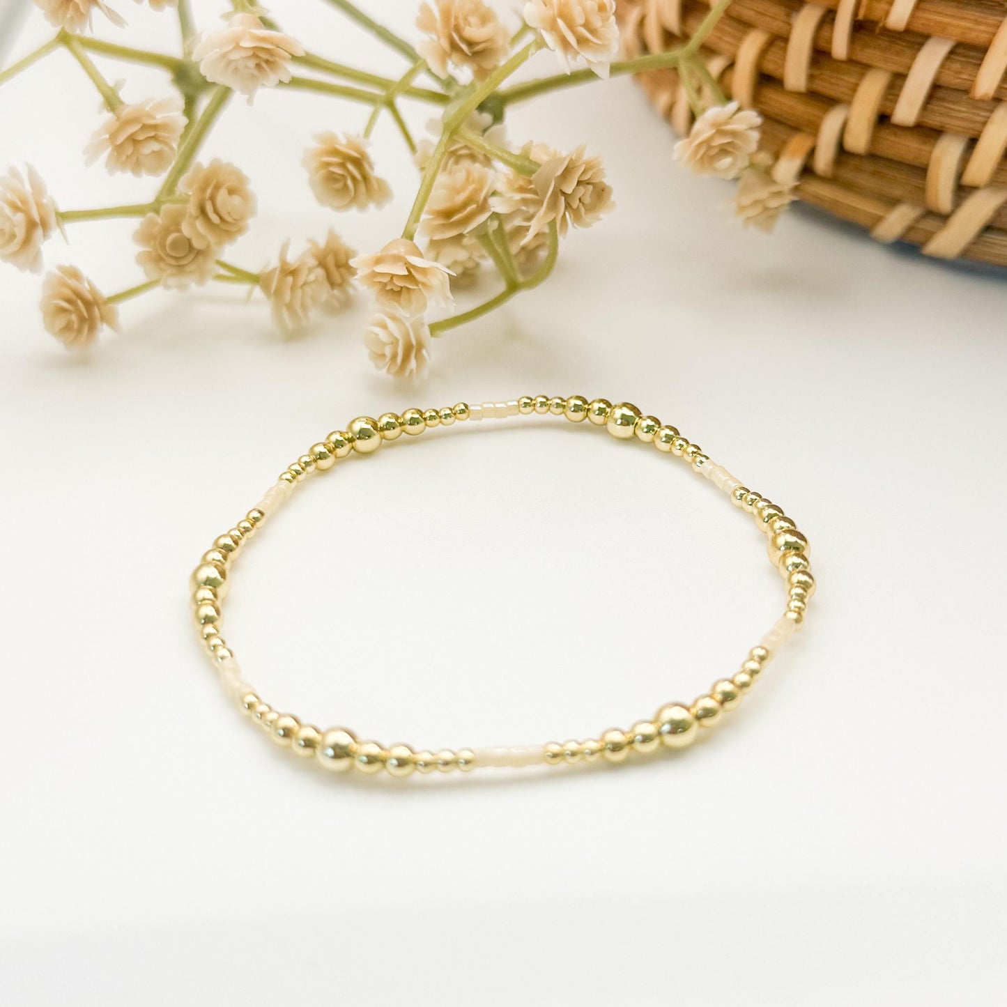 Maple | 18k gold filled with cream and brown bracelet stack | beaded stretch bracelet | tiny bead bracelet | seed bead | fall set