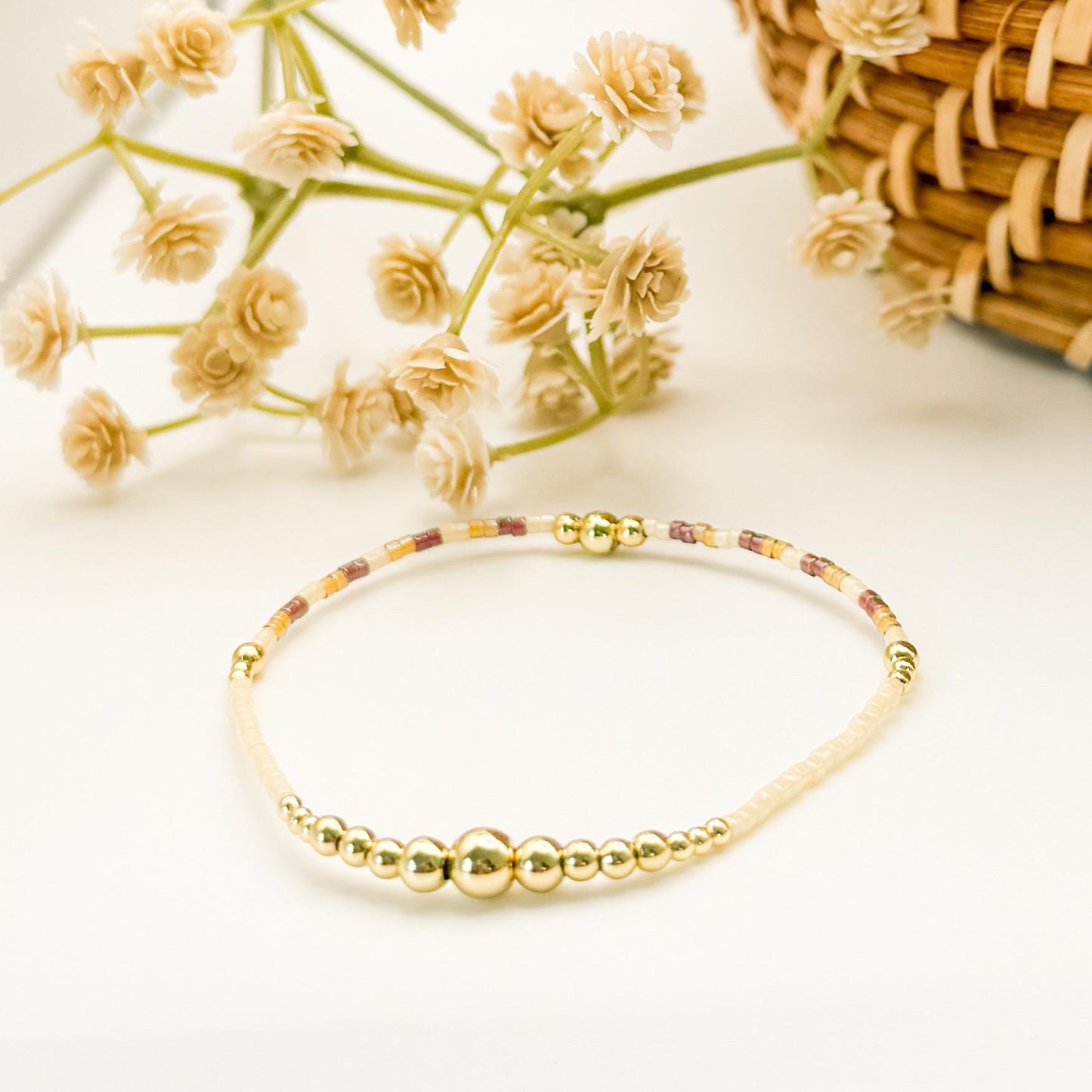 Maple | 18k gold filled with cream and brown bracelet stack | beaded stretch bracelet | tiny bead bracelet | seed bead | fall set