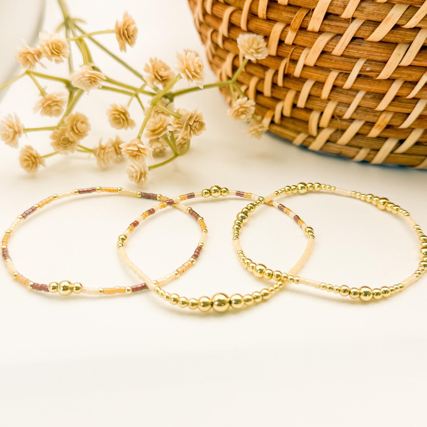 Maple | 18k gold filled with cream and brown bracelet stack | beaded stretch bracelet | tiny bead bracelet | seed bead | fall set