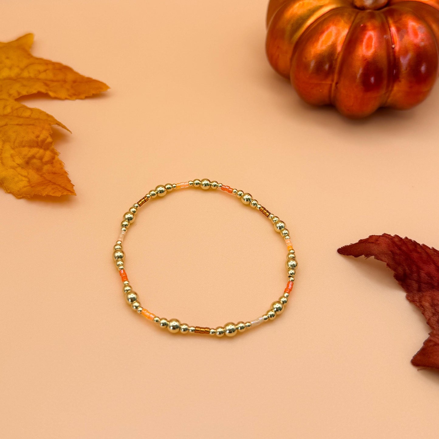 Pumpkin Spice | 18k gold filled with orange and brown bracelet stack | beaded stretch bracelet | tiny bead bracelet | seed bead | autumn