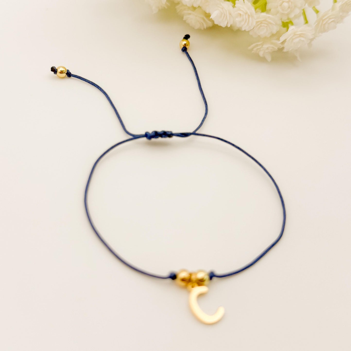 Cord with Initial Charm | 18k gold filled beads | adjustable cord bracelet | gold | navy blue | summer | cord bracelet