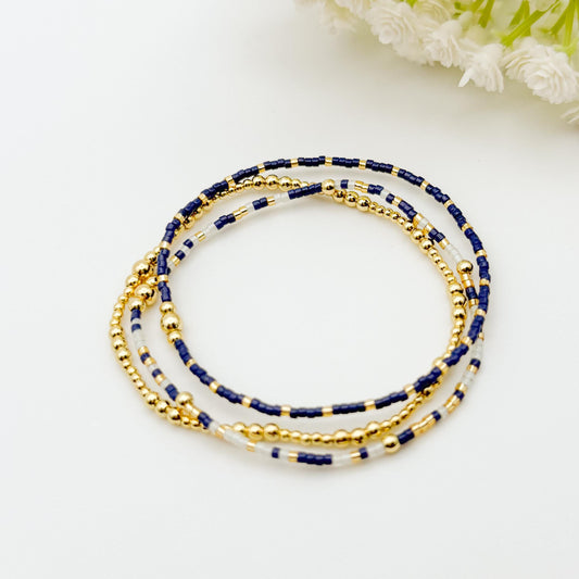 Navy Beaded 3 Piece Stack| 18k Gold Filled Navy Seed Bead Bracelet Stack| Tiny Bead Bracelet