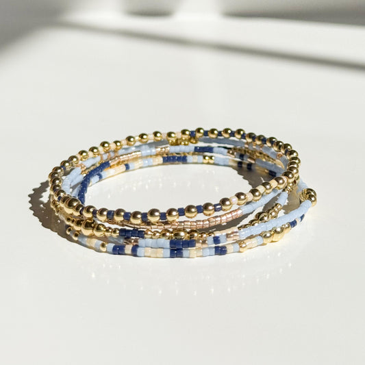 Twinkle| 18k gold filled with light blue and navy bracelet stack | beaded stretch bracelet | tiny bead bracelet | seed bead | gift set