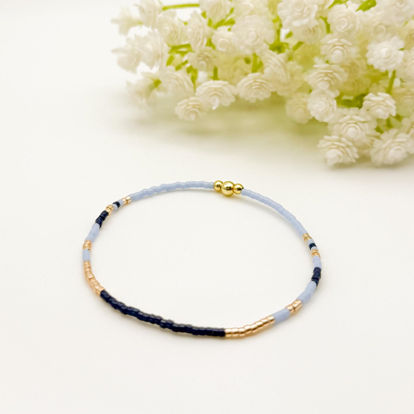 Twinkle| 18k gold filled with light blue and navy bracelet stack | beaded stretch bracelet | tiny bead bracelet | seed bead | gift set