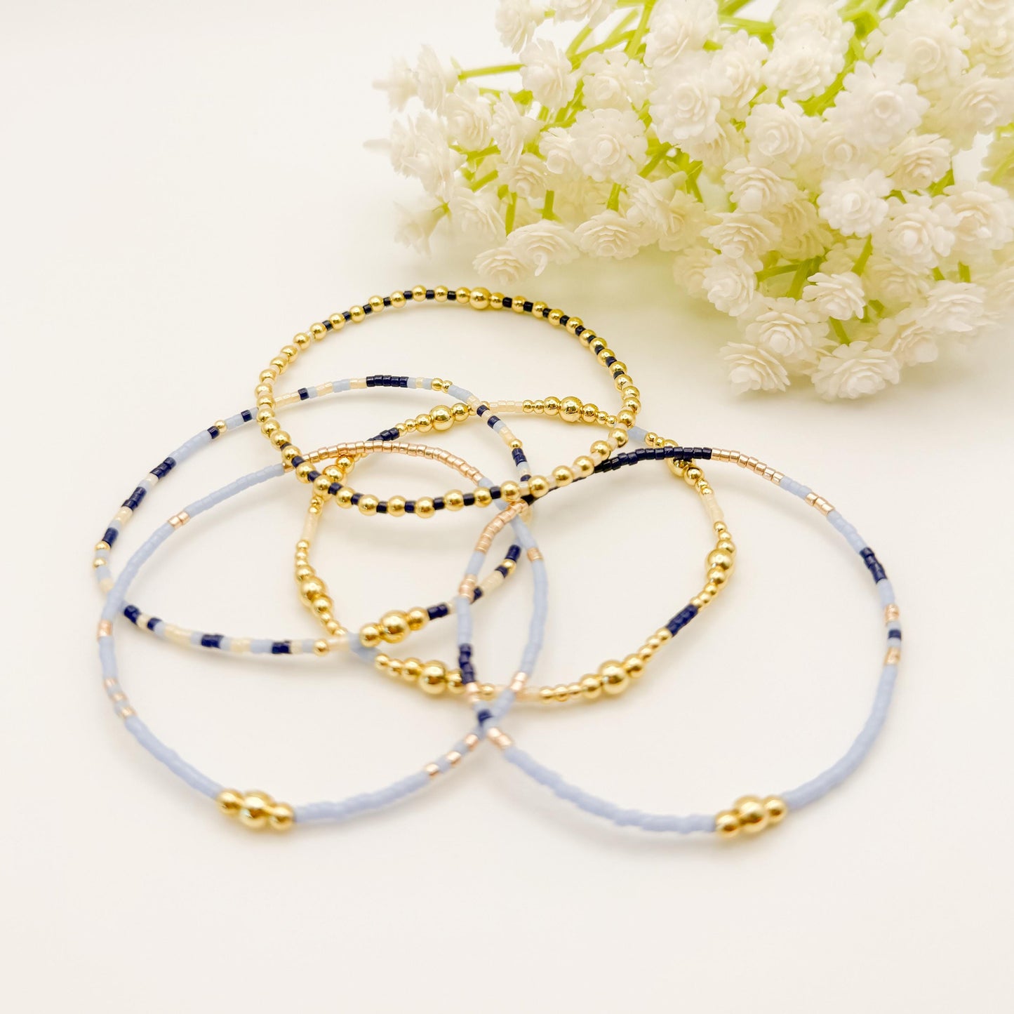 Twinkle| 18k gold filled with light blue and navy bracelet stack | beaded stretch bracelet | tiny bead bracelet | seed bead | gift set