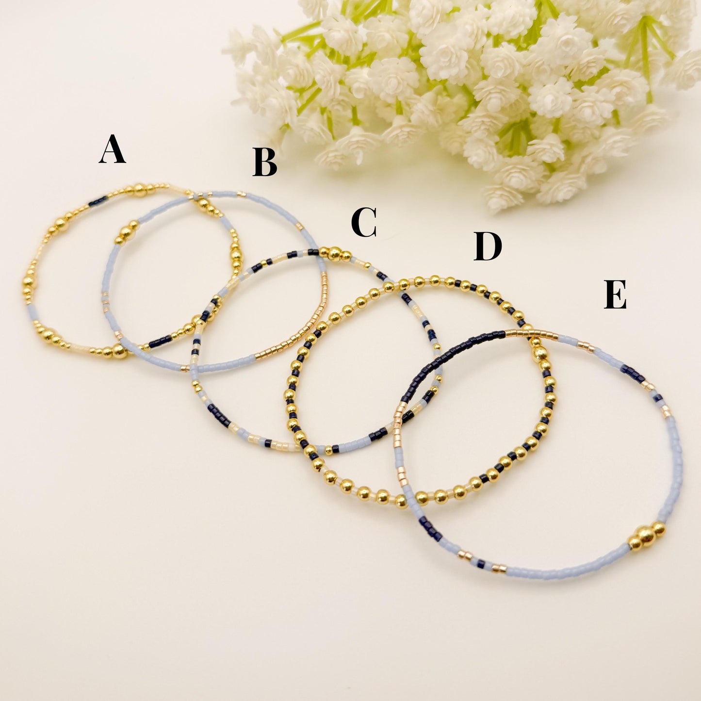 Twinkle| 18k gold filled with light blue and navy bracelet stack | beaded stretch bracelet | tiny bead bracelet | seed bead | gift set