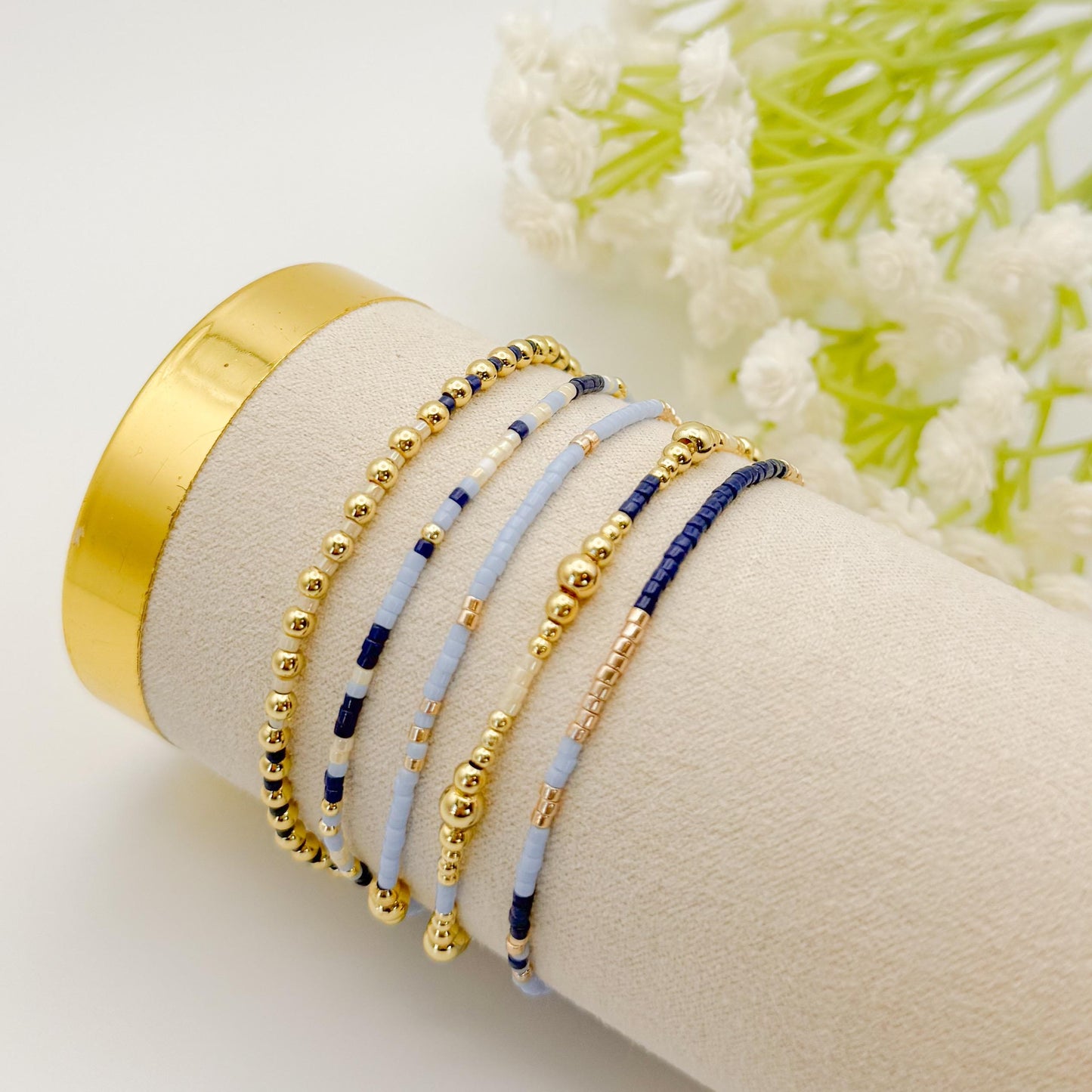 Twinkle| 18k gold filled with light blue and navy bracelet stack | beaded stretch bracelet | tiny bead bracelet | seed bead | gift set