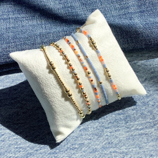 Denim | 18k gold filled with orange and blue bracelet stack | beaded stretch bracelet | tiny bead bracelet | seed bead | gift set