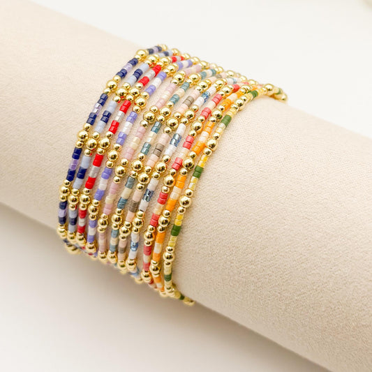 Dainty seed bead stacking bracelet | 18k gold filled with colorful tiny beads | beaded stretch bracelet | seed bead | stackable stretch |mix