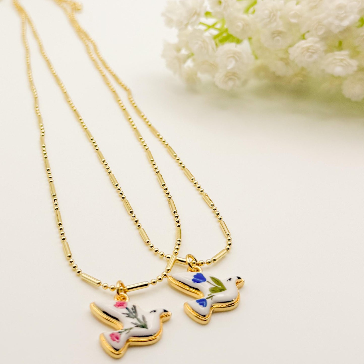 Soar the Skies Necklace | Chain Necklace with Bird Charm | Floral Bird | Porcelain | 18k Gold Filled | Blue | Pink | Cute Pendant Necklace
