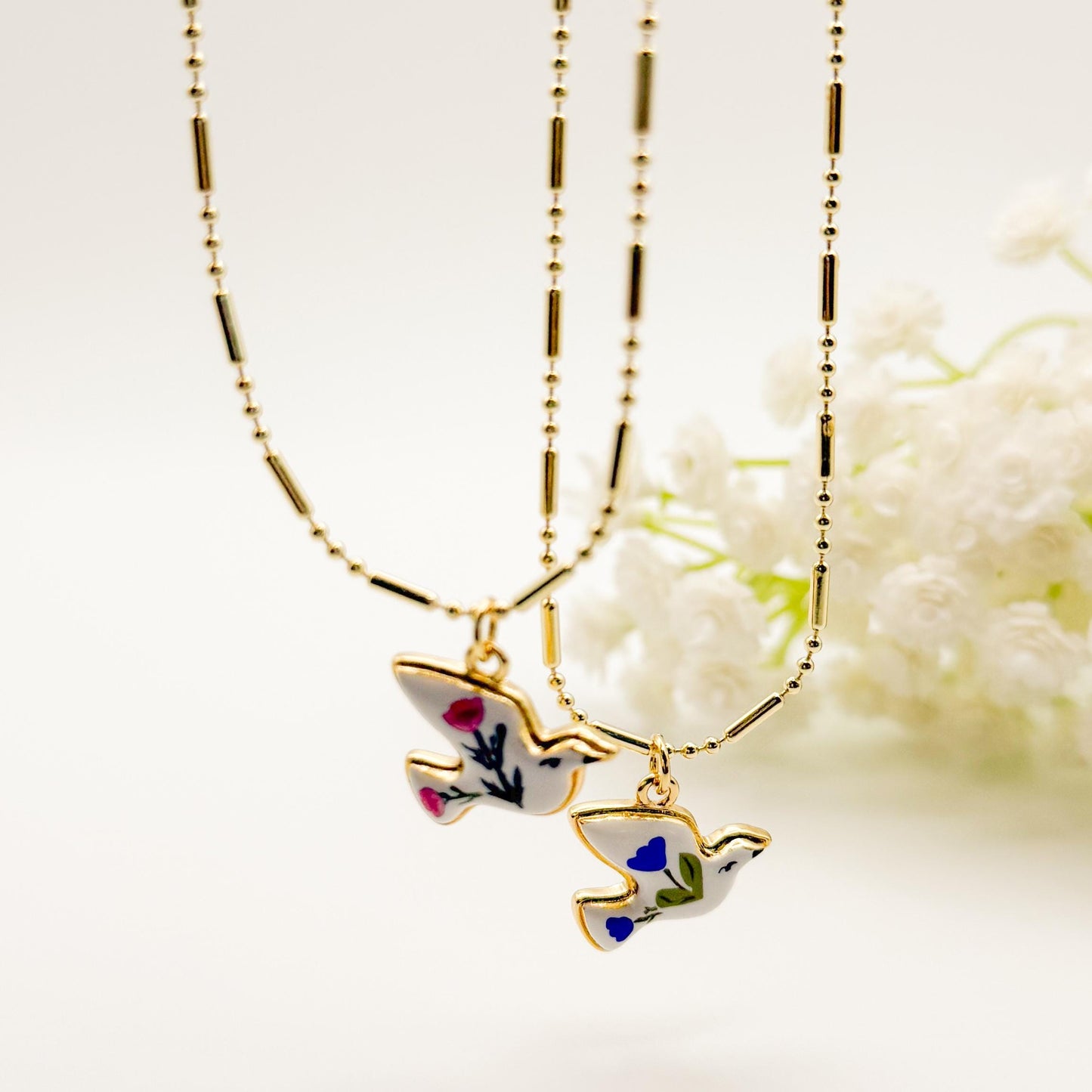 Soar the Skies Necklace | Chain Necklace with Bird Charm | Floral Bird | Porcelain | 18k Gold Filled | Blue | Pink | Cute Pendant Necklace