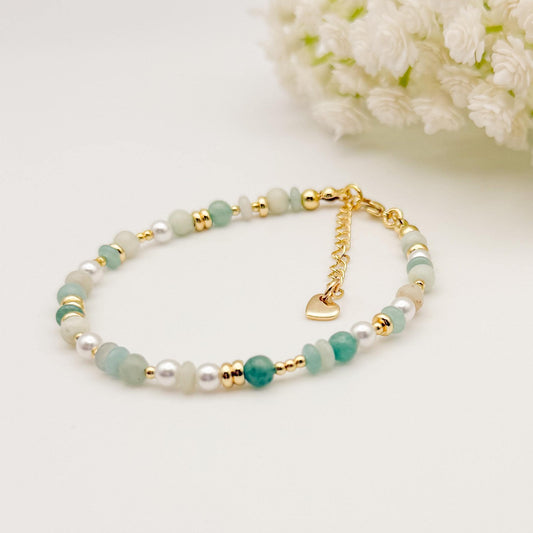 Sage and Rose | Beaded Stone Bracelet | 18k Gold filled Bracelet | Gemstone with pearl | Pearl Bracelet | assorted pattern | clasp bracelet