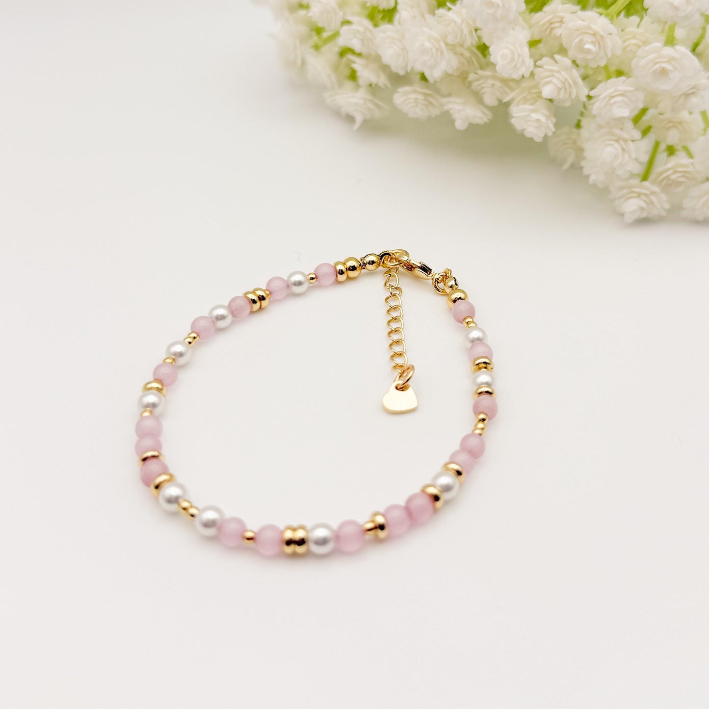 Sage and Rose | Beaded Stone Bracelet | 18k Gold filled Bracelet | Gemstone with pearl | Pearl Bracelet | assorted pattern | clasp bracelet